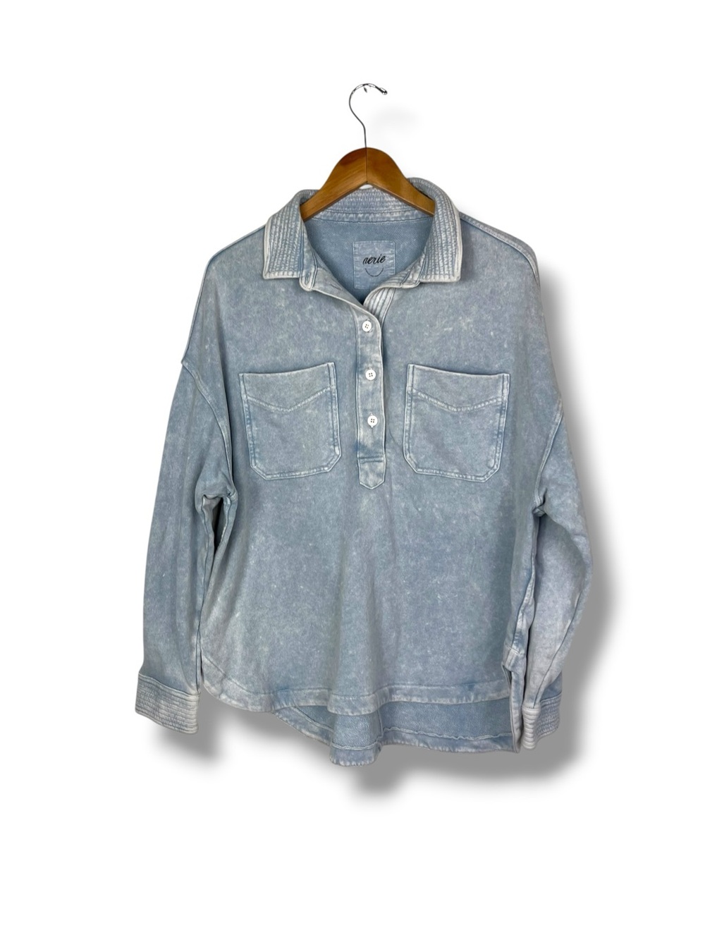 Aerie Lumberjane Popover Polo Sweatshirt Light Blue Mineral M Slouchy Baggy Cozy